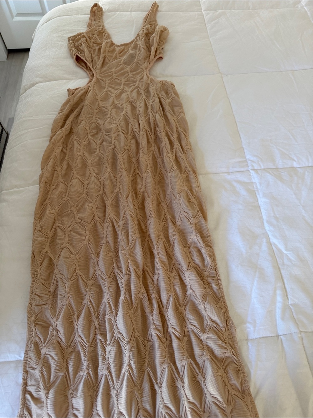 PrettyLittleThing Beige Textured Maxi Dress with Side Cutouts